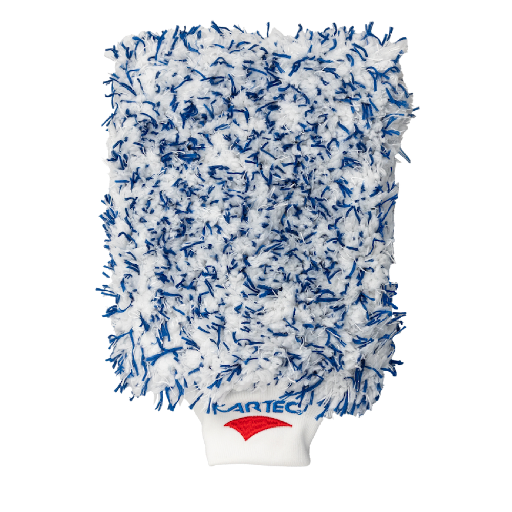 Gant de lavage Cartec Wash Mitt Deluxe blanc et bleu, avec poignet élastique