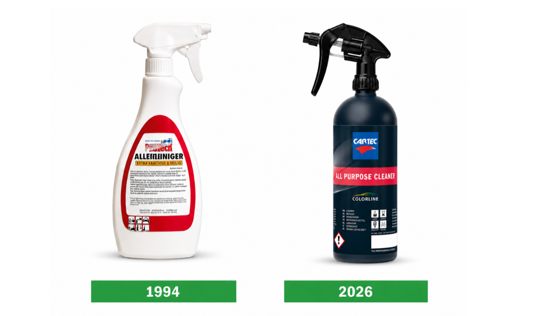 Évolution du nettoyant polyvalent Cartec : flacon de 1994 et All Purpose Cleaner de 2026