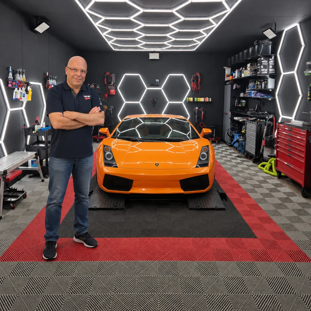 Sébastien Marcq dans l’atelier de detailing, à côté d’une voiture orange