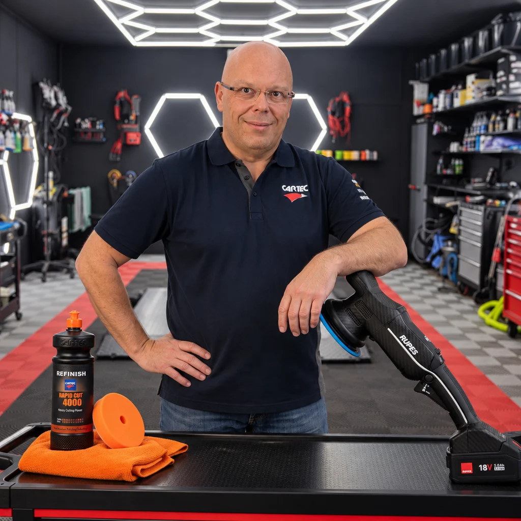 Sébastien Marcq avec une polisseuse, un pad et un produit de polissage Cartec dans l’atelier