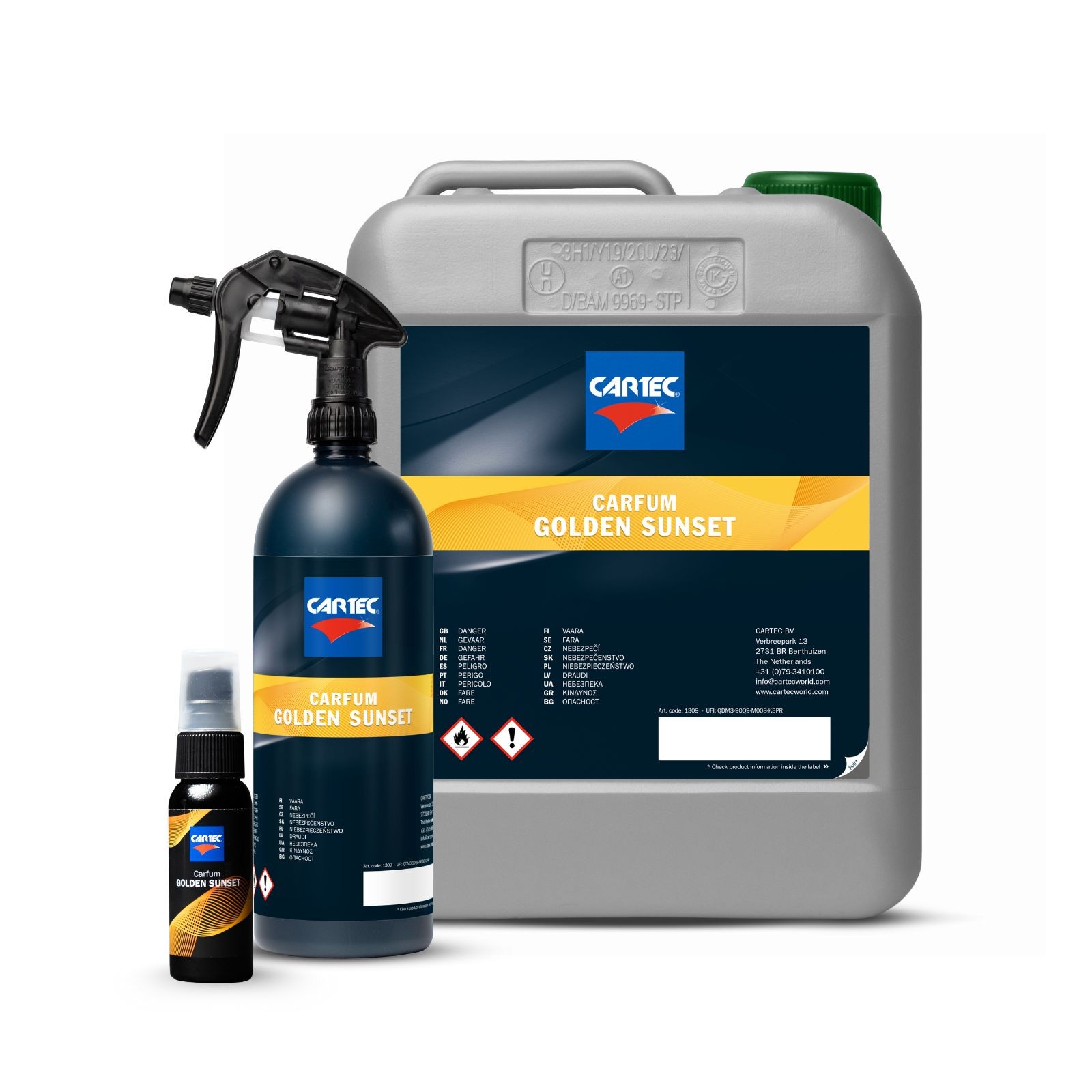 Cartec Carfum Golden Sunset présenté en petit flacon, pulvérisateur et bidon