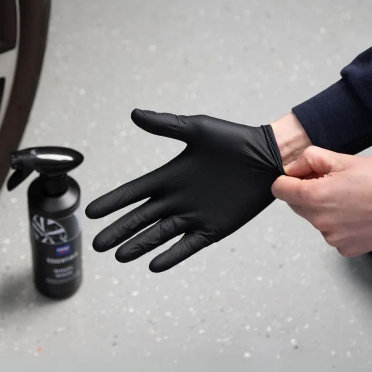 Gants noirs Cartec portés pour manipuler un produit