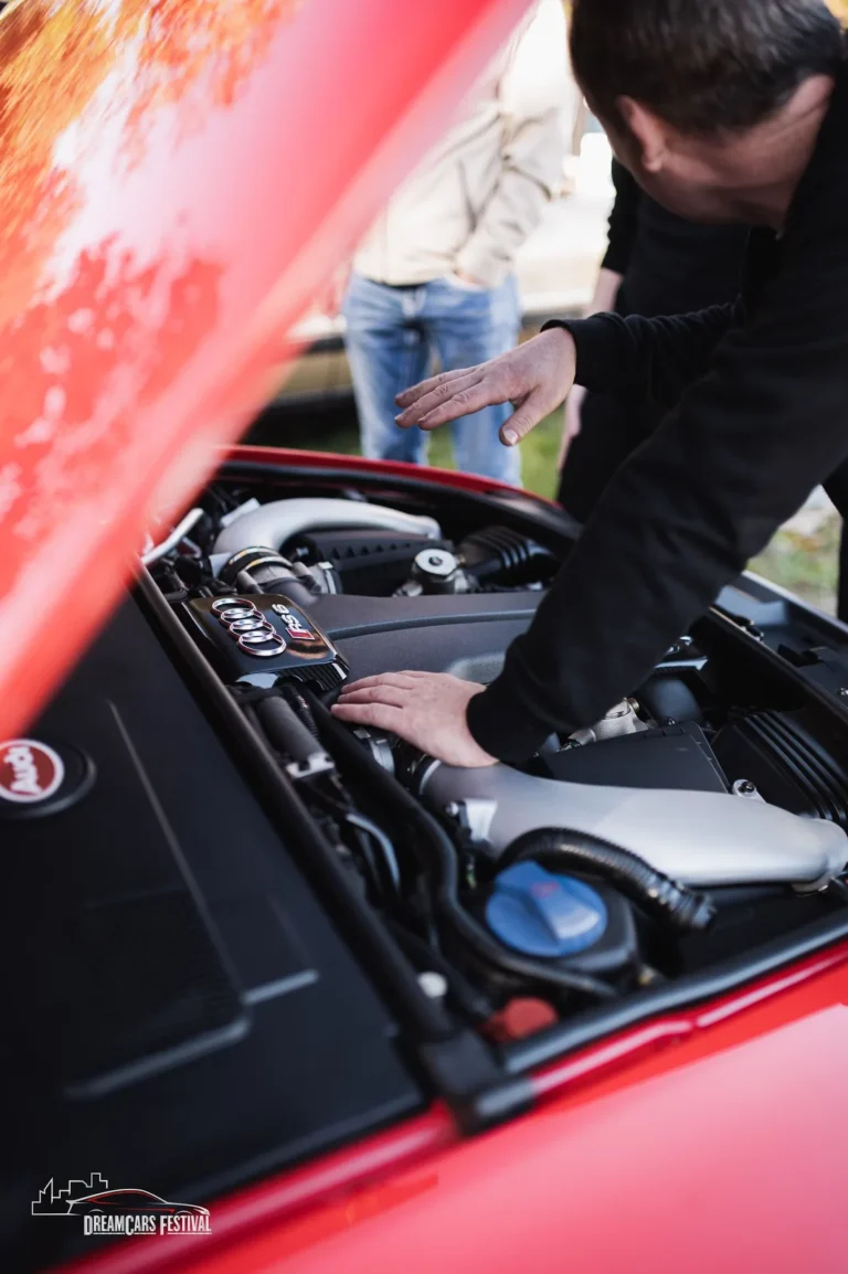 Détail du compartiment moteur d’une voiture au Dream Car Festival au Luxembourg