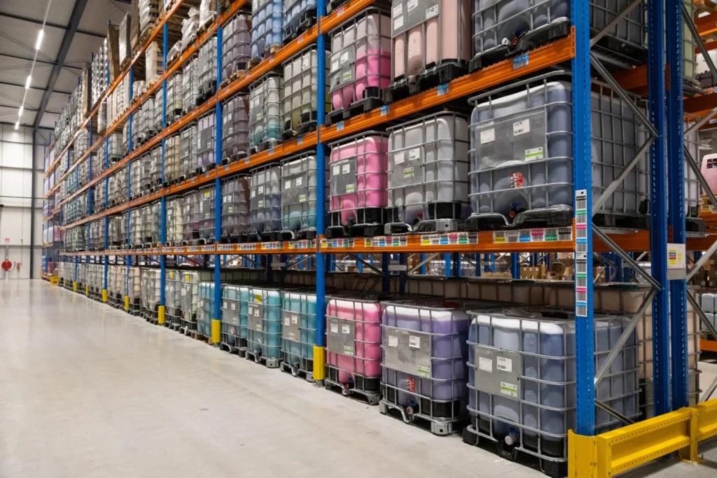 Cuves de produits Cartec stockées dans les rayonnages
