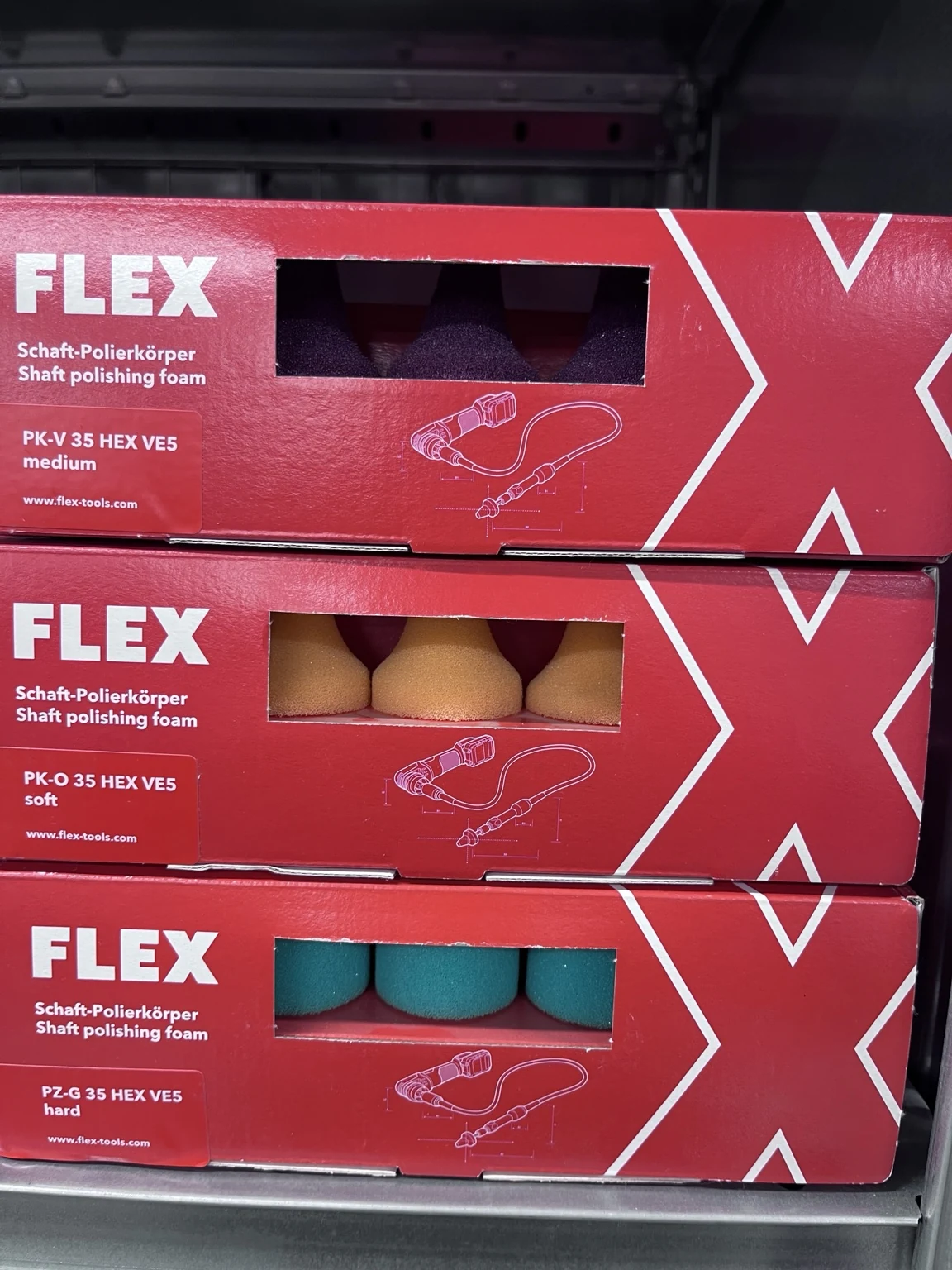 Trois boîtes de tampons FLEX HEX VE5 medium, soft et hard