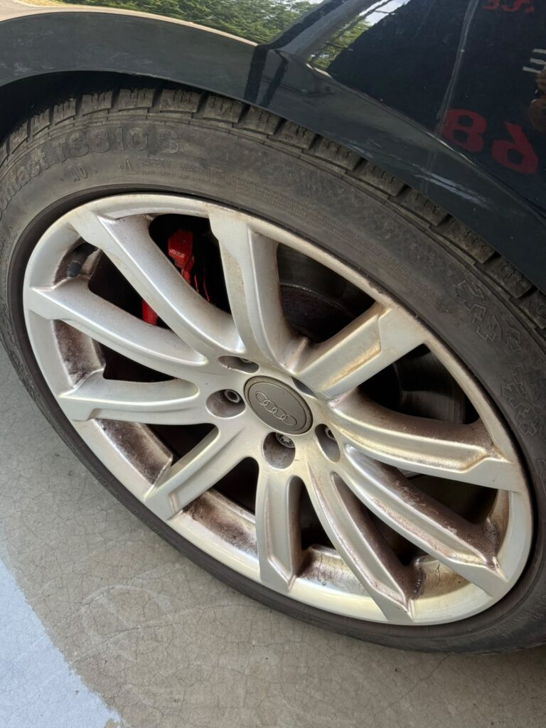 Jante Audi avant nettoyage Acid Clean : d&eacute;p&ocirc;ts visibles sur les branches et le bord